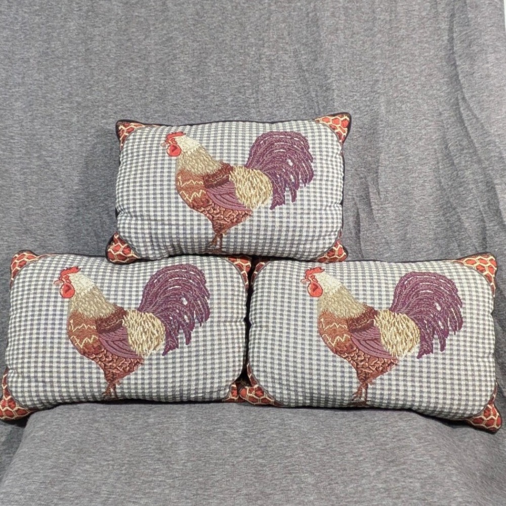 Vintage Farmhouse Rooster Tapestry Accent Pillow Set of Three Rectangular 18x12